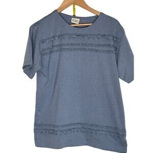 Just for Petites Women's Embellished Short Sleeve Top, Size Large - Blue